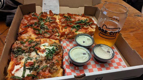 3x 6" Quarter Slices: Deliciousness in a Box! $8 Pepperoni house garlicky whipped Ranch, $9 #4 Saus Ricotta Aged Parm Fresh Basil Calabrians