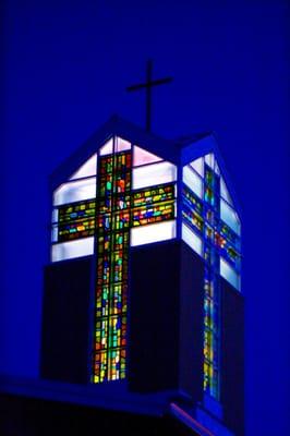 Beautiful steeple at night at Grace Ave