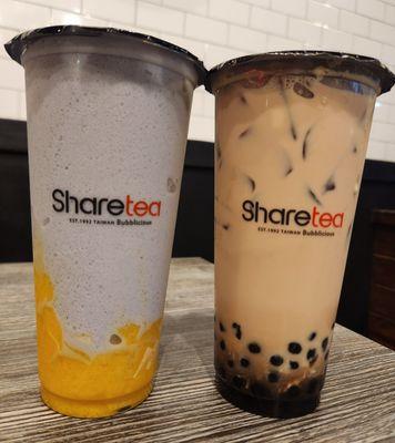 Blended taro/pudding and classic milk tea both with 50% sweetness