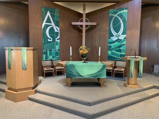 Church sanctuary chancel and banners.