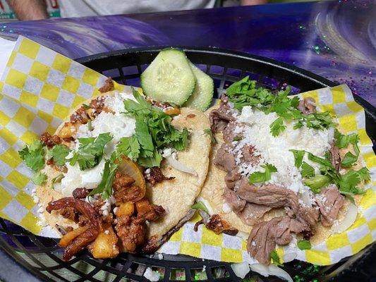 Ceyers's taco, it's a quesadilla AND a taco all in one! - Pastor on Left, Carnitas on Right