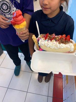 Banana split and ice cream cone