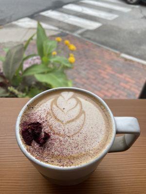 Cardamom rose chai latte with a shot of expresso