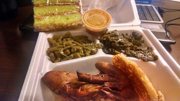 Baked chicken. Green beans. Collards. Key lime pound cake.