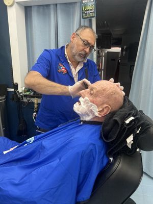 Haircut and a hot shave for Dad's 90th birthday! The guys at All Stars Barber Shop in Dedham MA are great! So nice to my Dad!