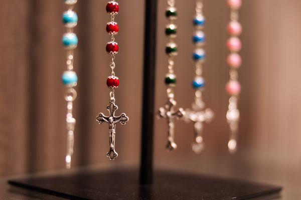 Rosaries with Colored Natural Stone Beads on a Metal Chain, w/Metal Cross & Virgin Mary Medallion with Holy Soil from Bethlehem in a Capsule