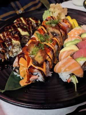 Rich Cobra Roll (middle), Black Dragon Roll (left), Rainbow Roll (right)