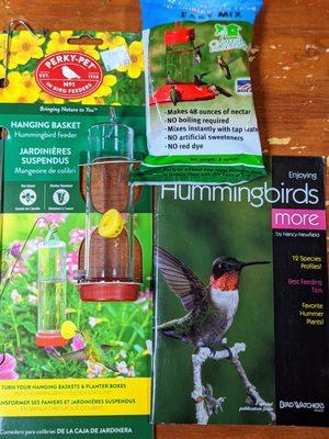 Hummingbird feeders, nectars, and accessories