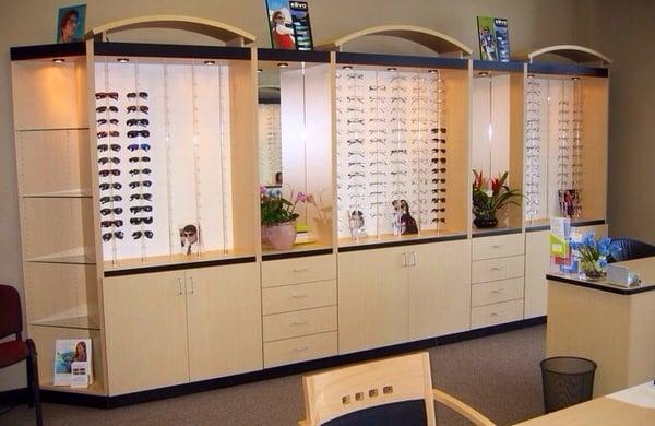 Custom built display cases for a new optometry office