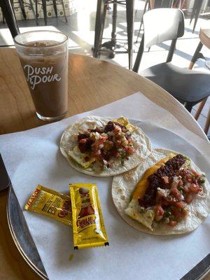 Iced Oat Milk Mocha and Breakfast Tacos!