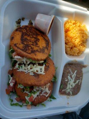 Gorditas, rice, beans