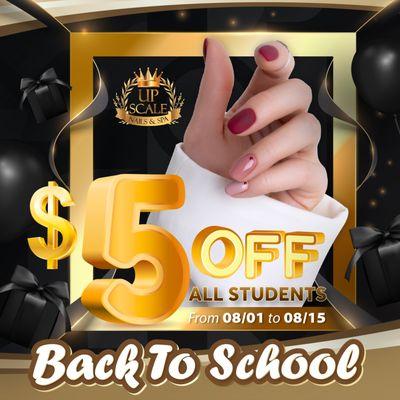 STUDENT DISCOUNT! 
$5 OFF all students
From 08/01 to 08/15

Whether you're heading back to school or just want a fresh manicure f