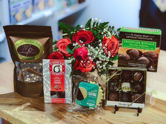 We make custom gift boxes for any occasion. From chocolate to snacks and jewelry. (flowers only available during holidays, wine instore only