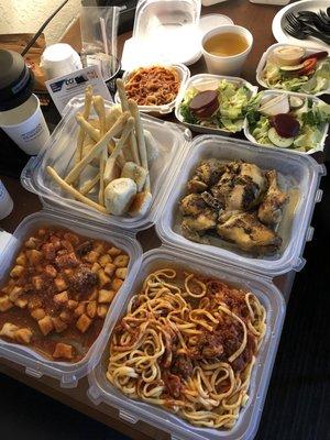 Gnocchi (with meat sauce), Noodles (with meat sauce), Chicken, Breadsticks, Salad, and Spaghetti.