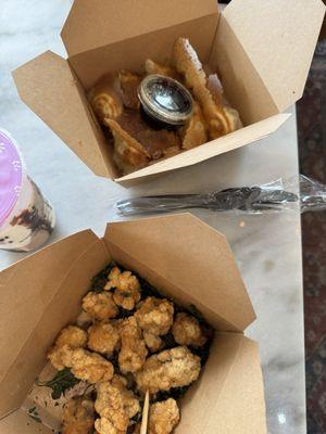 Veggie dumplings and popcorn chicken