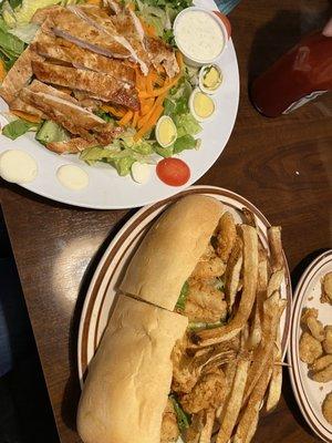 Fried Pickles, Grilled Chicken Salad, Fried Shrimp Po Boy.