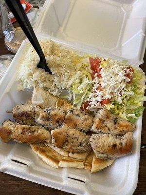 Double kabob with rice and salad