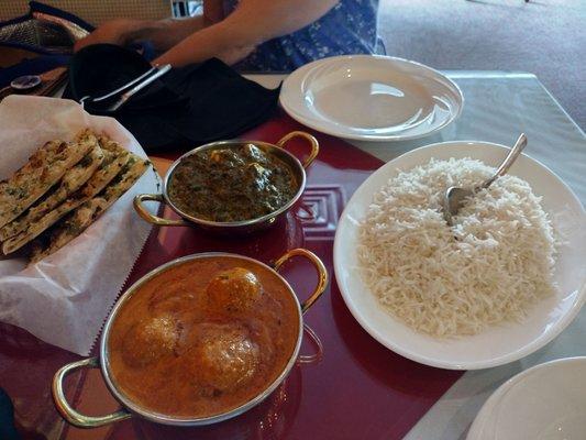 garlic naan, malai kafta, and saag paneer. Great lunch!