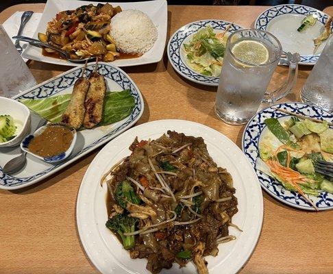 #4 Chicken Satay & #6 Spring Salads. #15 Sweet and Sour w/chicken (Top plate served with rice). #23 Pad See Ew w/ beef & chicken