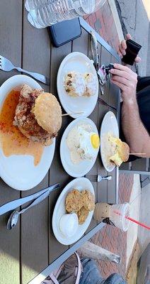 The Squawking Goat, The Five And Dime, fried green tomatoes, Three Layer Hashbrown Cake, and Iced Cinnamon Biscuit