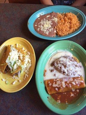 Beef enchilada with chile con queso , beef tacos and rice and beans, which are light and fluffy and delicious.