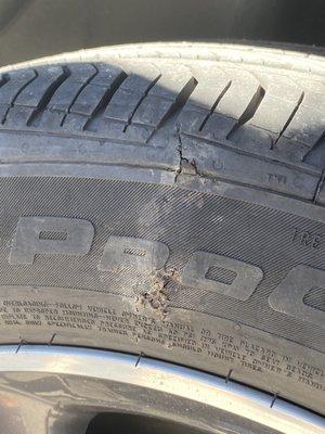 Dangerous tire with a patched sidewall that should've been caught before it was rented back out