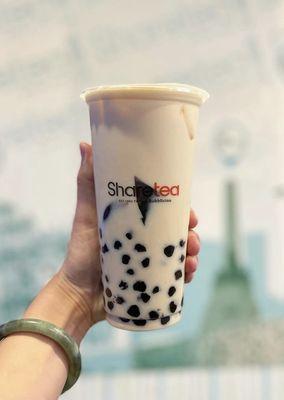 Green Milk Tea with boba and grass jelly