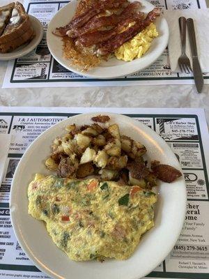 Veggie omelet with home fries. The 2 egg special with Hashbrown and bacon.