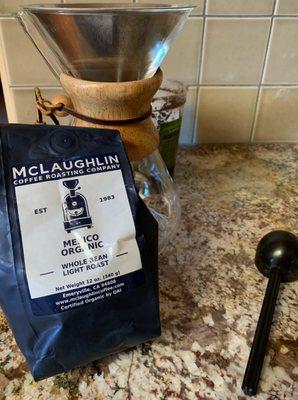 I recommend highly this light-roast Mexican coffee, which I purchased at the Monterey Market