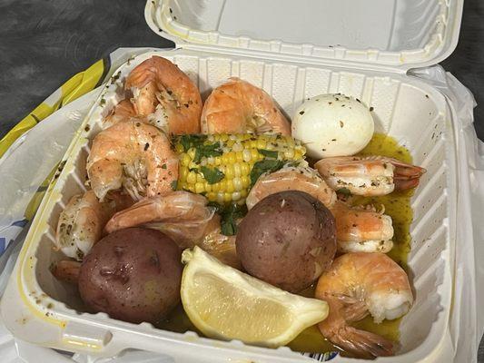 September special - seafood boil in garlic butter -  1 lb easy peel shrimp, potato, corn and egg