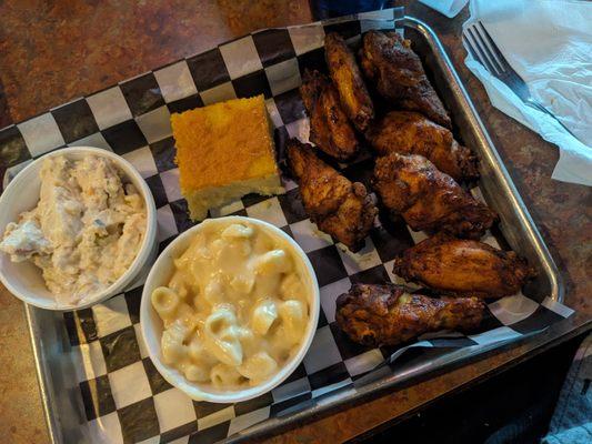 Potato salad, Mac and cheese, cornbread, smoked wings.