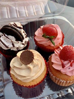 Oreo Cupcake, Raspberry cupcake, Strawberry Cupcake, Peanut butter cupcake