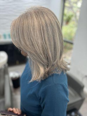 haircut and her natural color silver with low lights