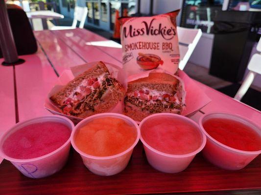 Veggie Sammie, chips, and a frosé flight