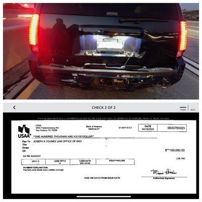 $100,000 settlement due to injuries caused by a rear end collision. We are here to help you with your accident case as well.