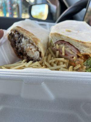 Caribbean wrap on the left, Cuban Sandwich on the right!