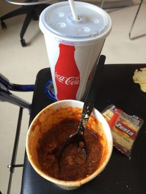 For lunch at the James Cancer Hospital BistrOH!, I had spicy chili with added Sriracha Sauce, and a fountain drink.