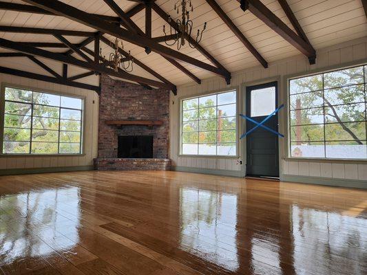 Sand and refinish in family room water based satin finish in Walnut Creek.