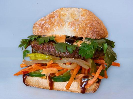 TAKE BÁNH MÌ (VEGAN) - impossible patty, cilantro, jalapenos, hoisin sauce, spicy veganaise, pickled vegetables; served on a vegan ciabatta.