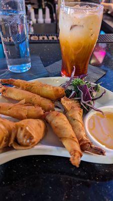 Shrimp spring rolls Thai ice tea