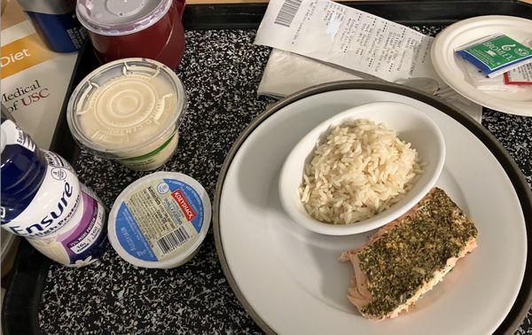 ERAS DIET. Lunch/Dinner. Citrus & herb crusted salmon, rice, soy milk and vanilla pudding. Probably a mistake, but the rice was half cooked.