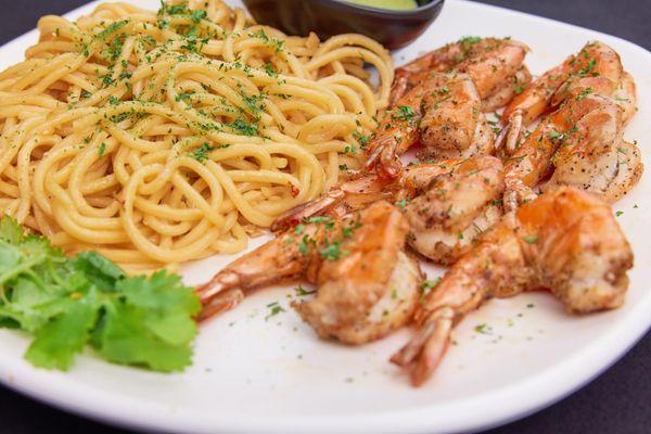 Tiger Prawns with Garlic Noodles- Jumbo tiger shrimps served with house dipping sauce