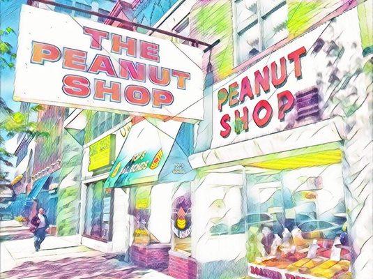 Water-color of the exterior of the Peanut Shop.