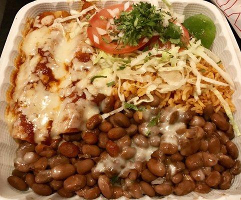 Chicken enchiladas with rice and whole beans