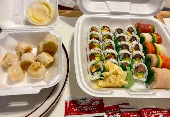 To Go Order (left)  Shu-mai with house special sauce (right) two sushi rolls and one Rainbow specialty roll.