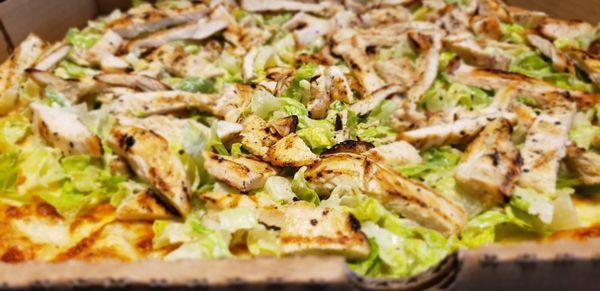 Grilled chicken caesar salad pizza