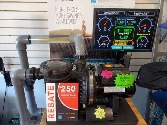 This is a working display of a variable speed pump, that allows us to show you how much money it will save you.