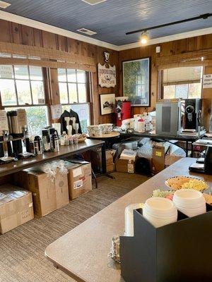 Front area of the shop for spaced out, social distancing drink condiments