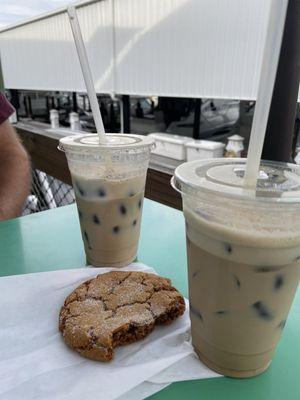 Iced lattes with coffee ice cubes; molasses cookie