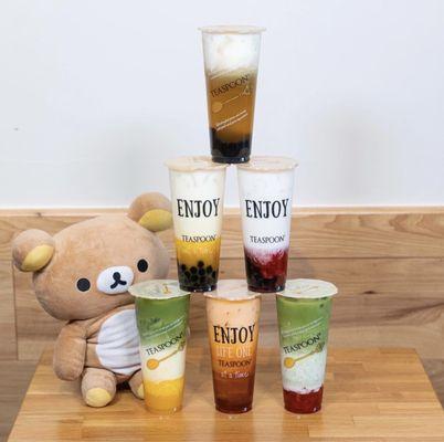 Golden Cloud with boba, Silky Mango with boba, Silky Strawberry with boba, Mango Matcha Royale, Thai Tea, and Strawberry Matcha Royale